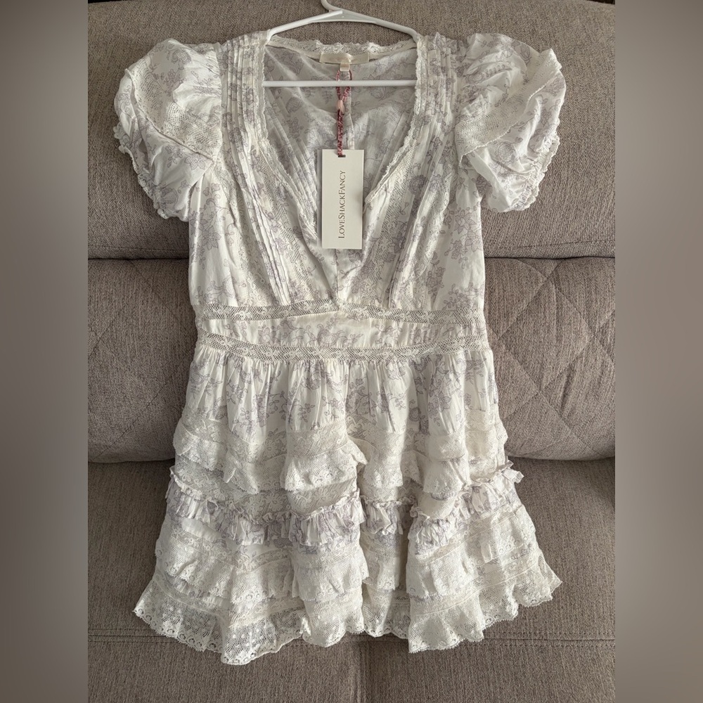 LoveShackFancy Ivory and Lavender Ruffle Dress